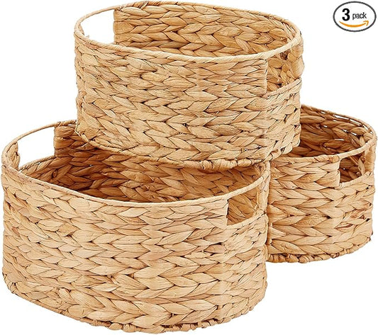 Vagusicc Wicker Basket, 3-Pack Hand-Woven Water Hyacinth Wicker Storage Basket with Handles, Large Woven Storage Baskets for Shelves, Round Storage Baskets for Organizing & Decor