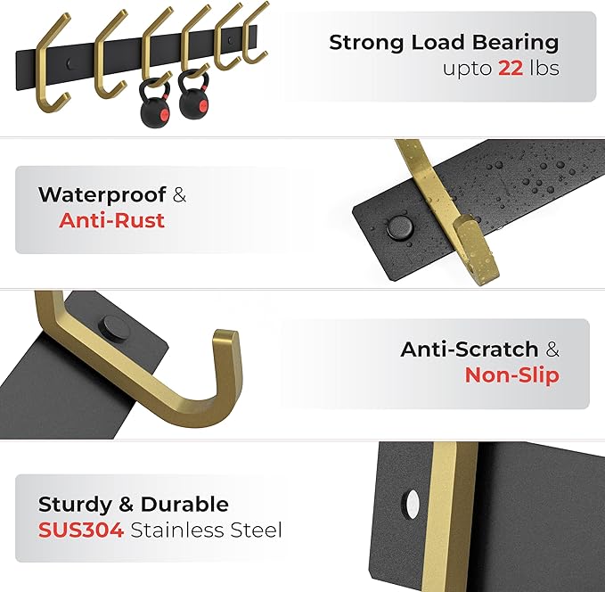 Coat Rack Wall Mount – Black and Gold Hook Rail with 6 Double Coat Hooks, 17 Inch Stainless Steel Wall Hooks for Entryway, Bathroom, Bedroom, Closet, Towel, Hat, Bag, Heavy Duty Organizer