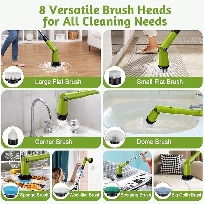 Electric Spin Scrubber, Cordless Cleaning Brush with 8 Brush Heads, 3 Speeds, LCD Display, and Adjustable Extension Handle, IPX7 Waterproof Power Scrubber for Tub Bathroom Floor Tile (Green)