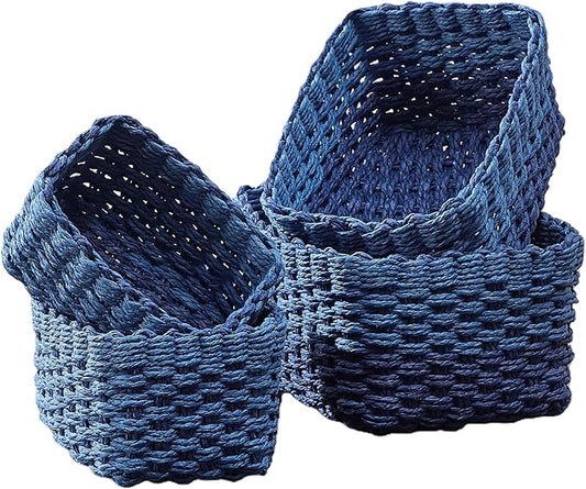 4PCS Woven Storage Baskets Set, Small Baskets for Organizing, Square Handwoven Paper Rope Organizer Bins for Shelves and Home Storage (Blue)