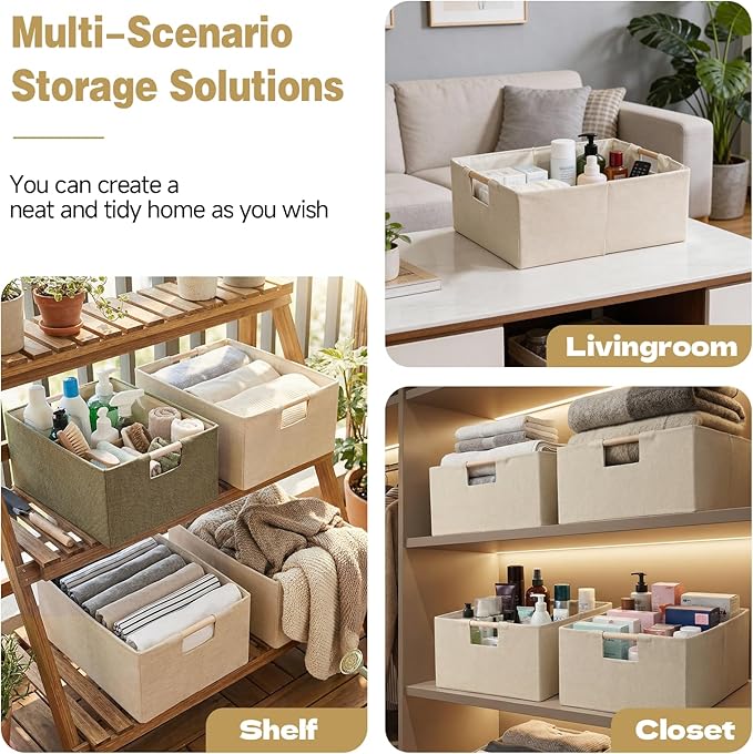 Foldable Fabric Storage Basket for Shelves, Linen Decorative Storage Bin with Wooden Handles, Small Organizer Cube for Closet, Rectangle Canvas Box for Organizing, Decor, 15x10.6x6 Inches (Beige)
