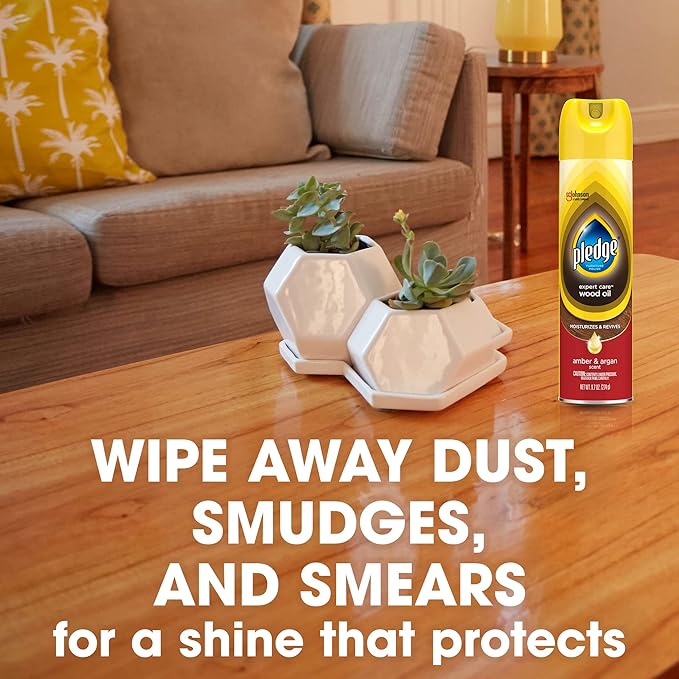 Pledge Moisturizing Wood Oil, Furniture Reviving and Protecting Conditioner and Dusting Spray, Revitalizes Wood, Sealed Leather and Laminate, Made with Mineral Oils - Amber & Argan Scent, 9.7oz