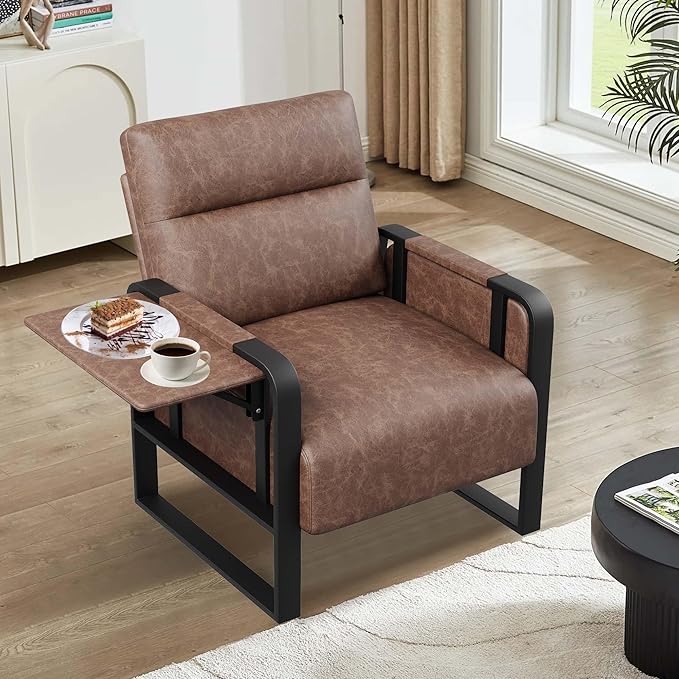Modern Accent Chair with Tray Table PU Leather Upholstered Armchair for Bedroom Leisure Living Room Chairs Office Chair Dark Brown