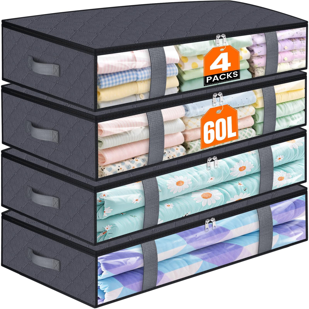 4 Pack Under Bed Storage Containers, 60L Blanket Storage Bags - Image 1