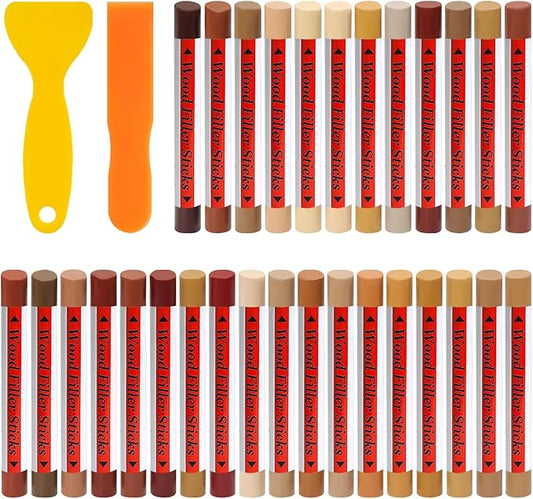 30+2p Wood Filler Sticks - 30 Colors Wood Markers Furniture Repair Wax Crayons with 2 Scrapers, Furniture Touch Up Markers Kit for Repairing Cabinets, Floors &Furniture, Wood Color Series