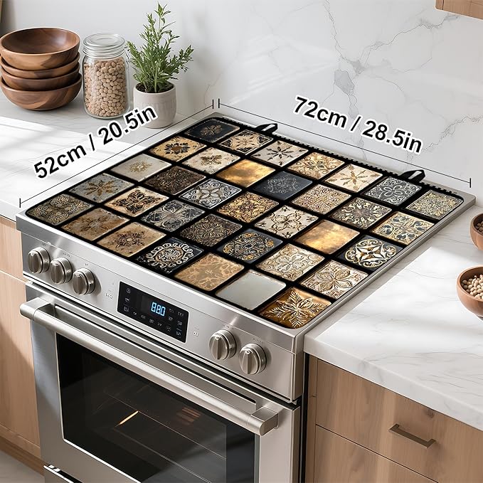 Stove Top Cover Flower Gas Stove Top Cover for Home Decoration Kitchen Pad Non-Stick Washable Cooktop Covers Countertop Protector Keep Stove Clean (Brown, 28L"x20W")