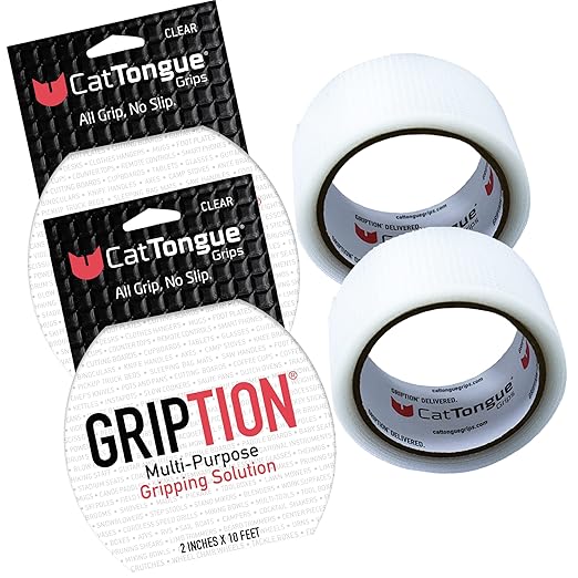 CATTONGUE GRIPS Non-Abrasive Grip Tape Wrap - 2” Thick Heavy-Duty, Waterproof Anti-Slip Tape for Wrapping Tools, Bats, Gym Equipment - Indoor & Outdoor Anti-Slip Solution (Clear, 2-Pack)