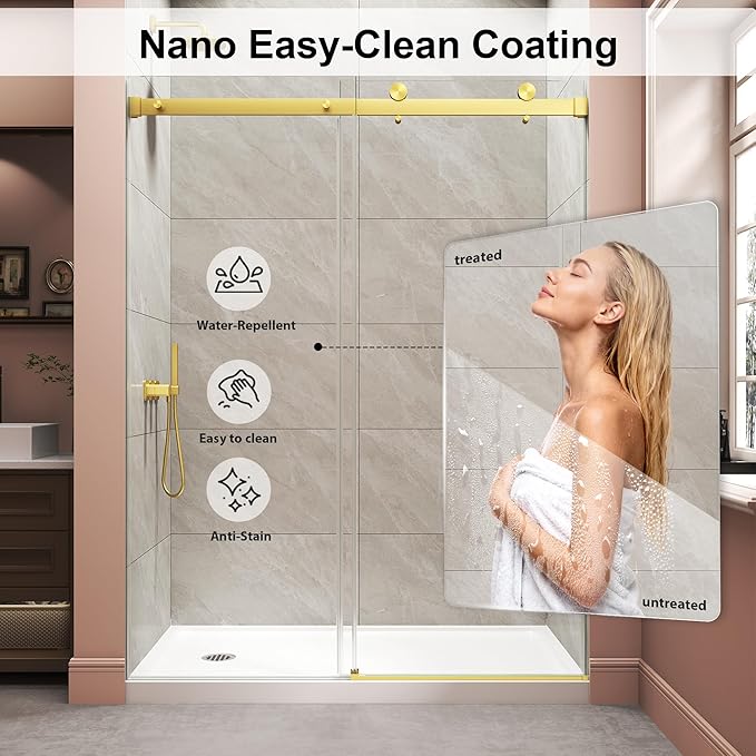 Frameless Shower Door,Single Sliding Glass Shower Door with Nano Coating & Safety Film, Adjustable 55"-60" W x 72" H, Brushed Gold,1/4" (6mm) SGCC Tempered Glass