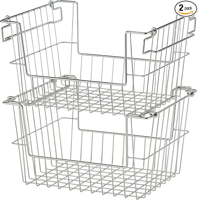 TRINITY 2-Pack Stackable Metal Wire Storage Baskets With Handles, EcoStorage Chrome, 14 Inches