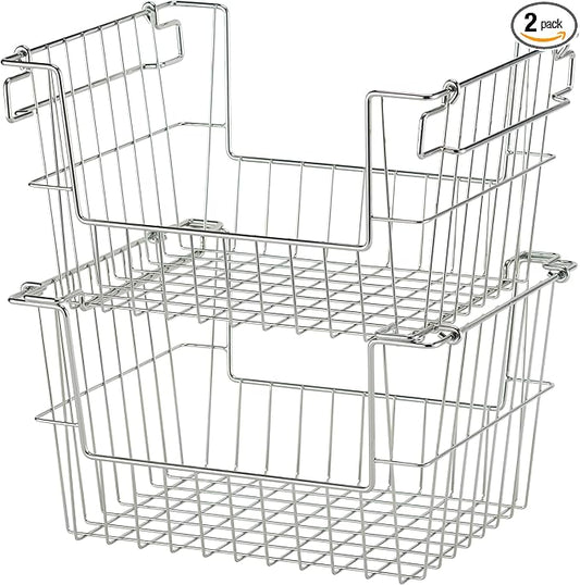 TRINITY 2-Pack Stackable Metal Wire Storage Baskets With Handles, EcoStorage Chrome, 14 Inches