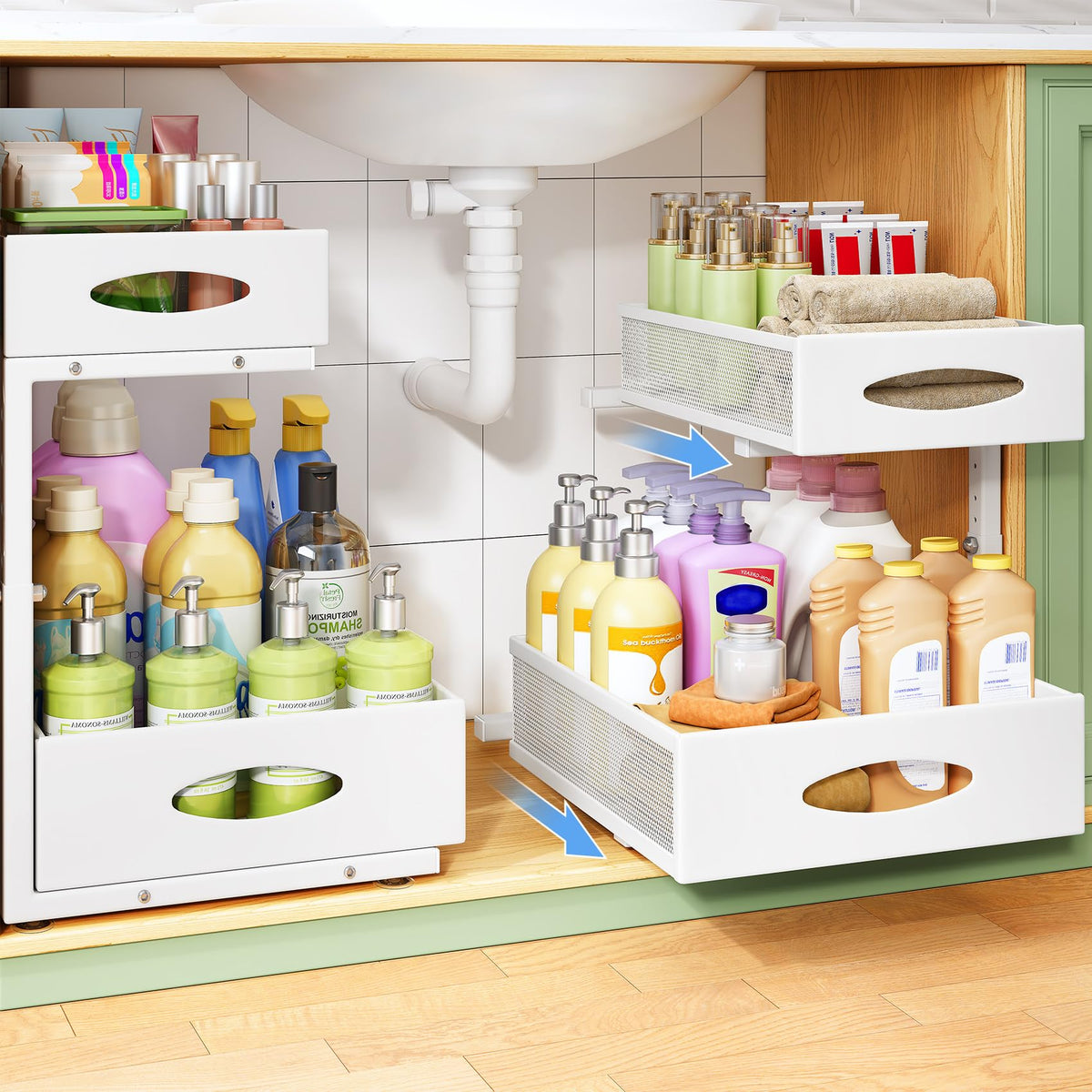 Under Sink Organizer, 2-Pack Pull Out Cabinet Organizer 2 Tier Metal Slide Out Storage Shelf Rack, L-Shaped Adjustable Height,Mesh Sliding Drawer for Kitchen, Bathroom, Laundry, Pa