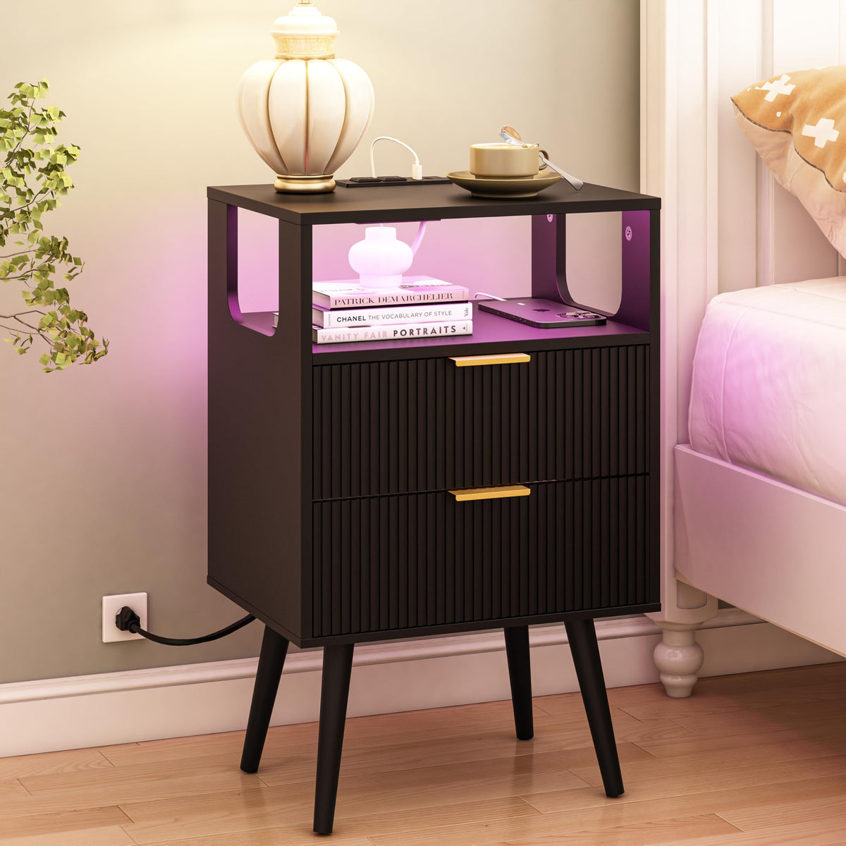 JOONEE Black Nightstand with Charging Station and LED - Image 1