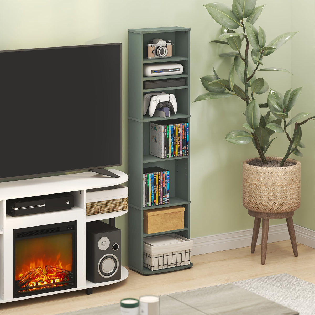 Furinno Jaya DVD Shelf, 8-Tier Tall Narrow CD Rack, Light Sage - Image 1