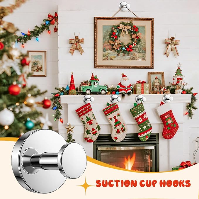 Suction Cup Hooks, Suction Cup Hooks for Shower,Removable Towel Hooks for Bathroom Window Glass Door Wall, Bath Robe Looafh Wreath Hook for Hanging (Bright Silver)