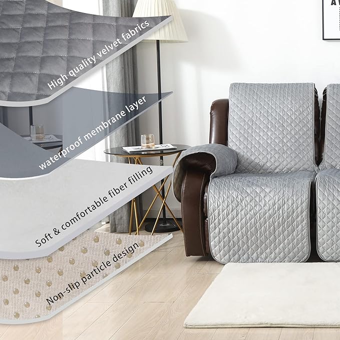 LUFEIJIASHI Non Slip Recliner Sofa Covers,Velvet Waterproof Recliner Couch Covers for 2 seat,Washable Reclining Couch Cover Furniture Protector for Dogs,Pets (Grey, 2 Seater)