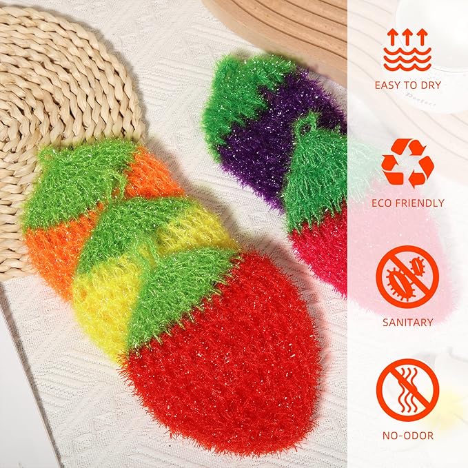10 Pieces Strawberry Colorful Scrubber Cute Multiuse Dish Scrubber Non Scratch Dish Sponge Strawberry Kitchen Decor Washcloth for Scrubbing, Dishwashing, Scrubbers, Bathrooms, Floors (5 Colors)