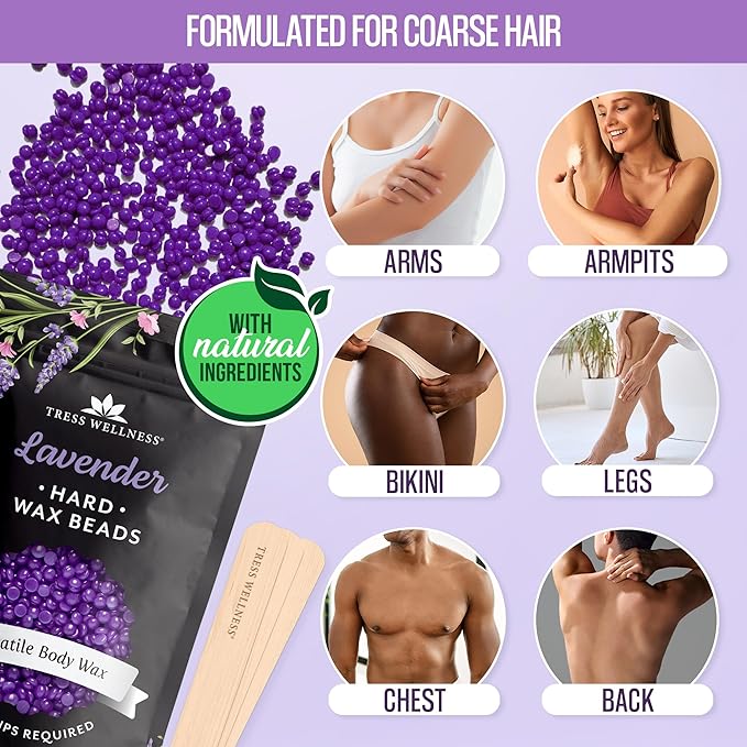 Tress Wellness Wax Beads - Safe for Skin - Dermatologically Tested - At-Home Kit for Bikini, Brazilian & Full Body - Lavender 1.2 lbs