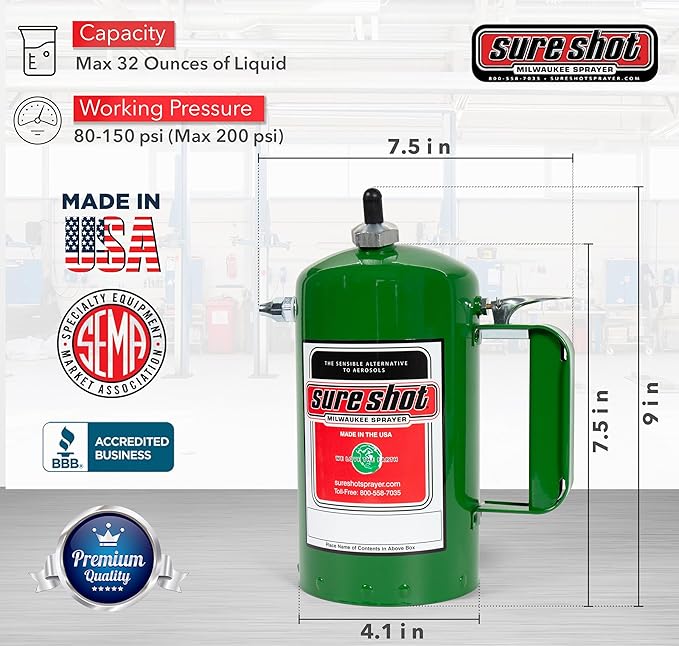 SURE SHOT A1000G 1-Quart Non Aerosol Sprayer - Refillable Pressurized Sprayer Can for Oil, Solvent, Degreasers, Lubricants - Rechargeable Steel Canister with Brass Nozzles - Made in The USA - 32oz.