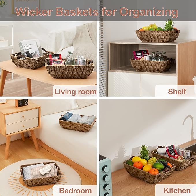 FairyHaus Hand-Woven Wicker Storage Basket with Natural Wooden Handles Set of 2, Recyclable & Renewable Paper Rope, 15x10x5 Wicker Baskets for Storage, Brown