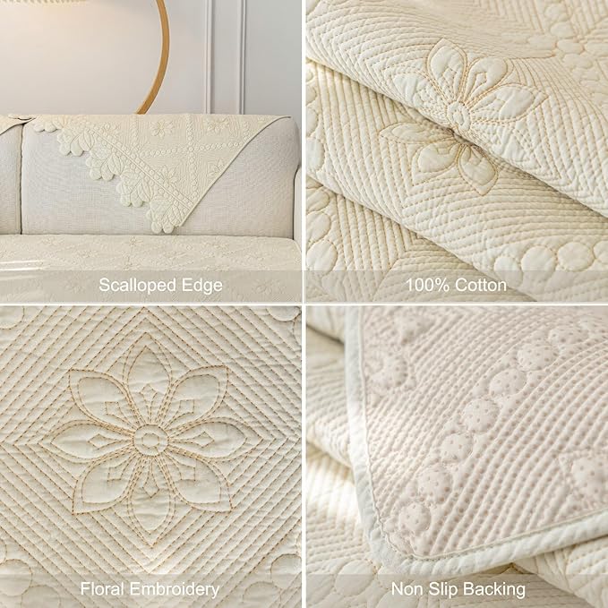 Cotton Quilted Dog Couch Cover for Sofa Farmhouse Rustic Embroidery Sectional Couch Cover Soft Anti-Slip Sofa Slipcover Furniture Protector for Kids, Pets (Ivory,36"x36")