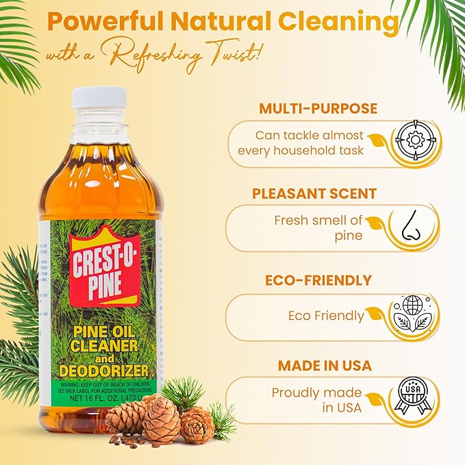 Crest-O-Pine Real Pine Oil Cleaner Concentrate Deodorizer, Multi-Purpose All-Purpose Household Cleaner for Floors, Kitchen, Bathroom, Laundry, Grease & Odor Removal (2, 16 fl oz)