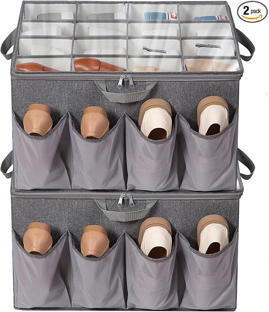Shoe Organizer for Closet, Shoe Storage Solution with Clear Cover & Adjustable Dividers, Fabric Shoe Box Fits 16 +8 Pairs Shoes, Grey, 2-Pack