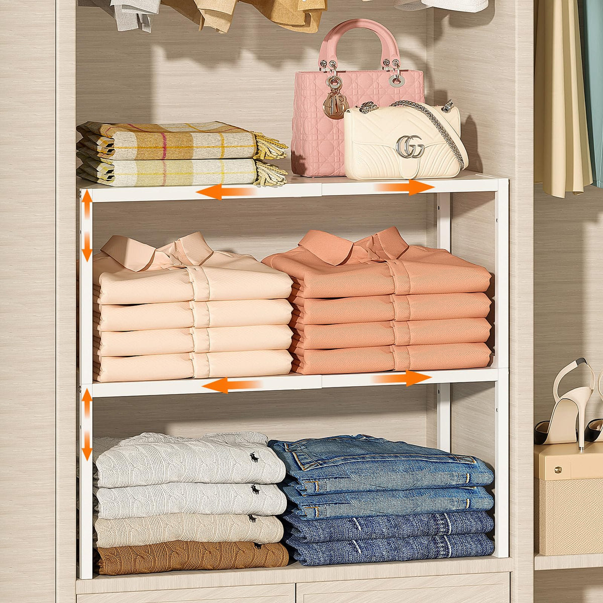 ThreeHio 2 Pack Stackable Closet Organizers and Storage Shelves - Image 1