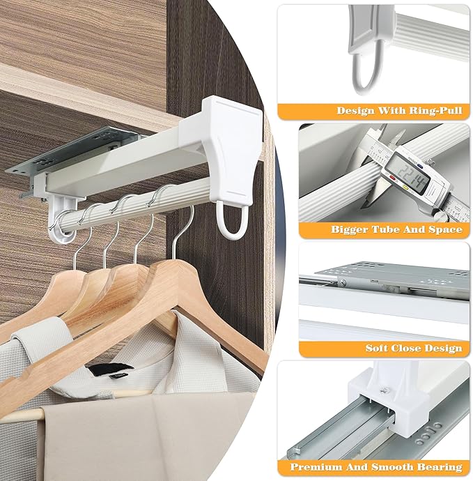 Alise Pull Out Clothes Hanger Rack for Closet,Heavy Duty Closet Rod with Automatic Soft-Close Mechanism for Closets,16 inch Closet Pull Out Metal Rod Organizer Hangers for Coats Pant Hanger,White