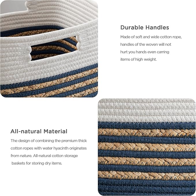 UBBCARE Set of 3 Storage Cubes 13 X 13 X 13 in, Water Hyacinth Storage Bins for Shelves, Toys, Book, Storage Baskets with Handles, Cotton Rope Woven Baskets for Organizing, Blue