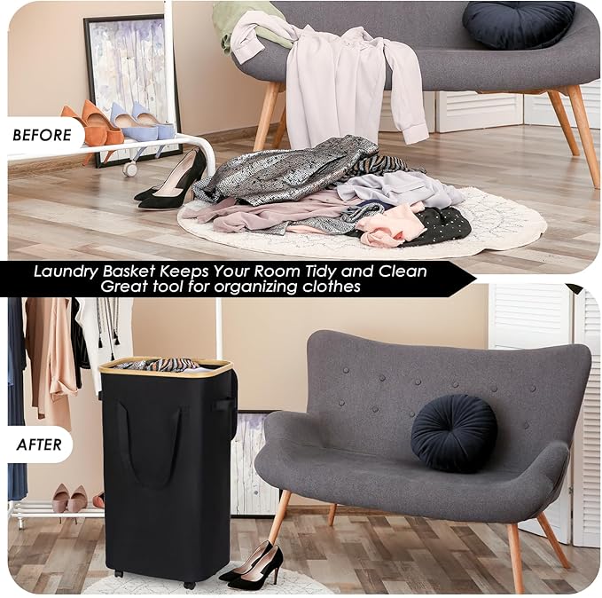 WELTRXE Laundry Hamper on Wheels 110L Large Clothes Basket with Lid and Extended Handles, Foldable Laundry Hamper for Bedroom, Bathroom, Dorm, Laundry Room, Black Rolling Laundry Basket with Wash Bag