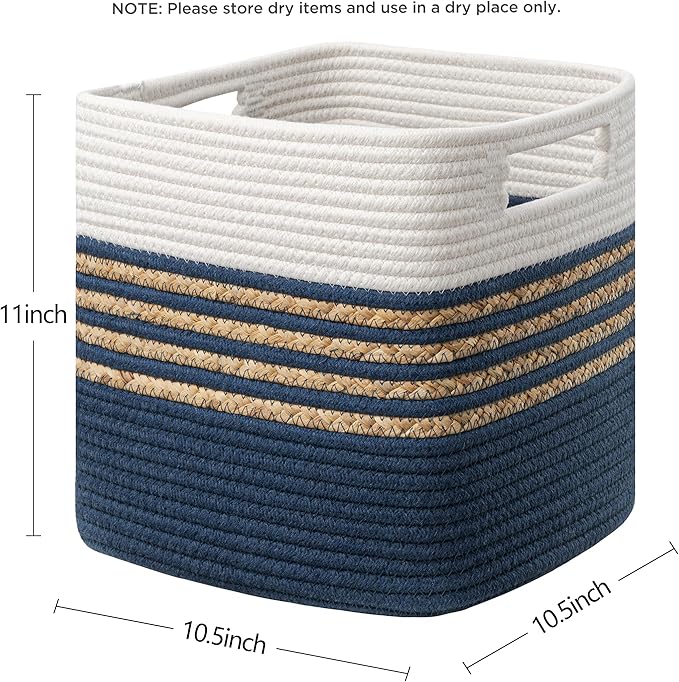 UBBCARE Storage Cubes 11 X 10.5 X 10.5 in, Water Hyacinth Storage Bins for shelves, Toys, Book, Storage Baskets with Handles, Cotton Rope Woven Baskets for Organizing, Navy Blue
