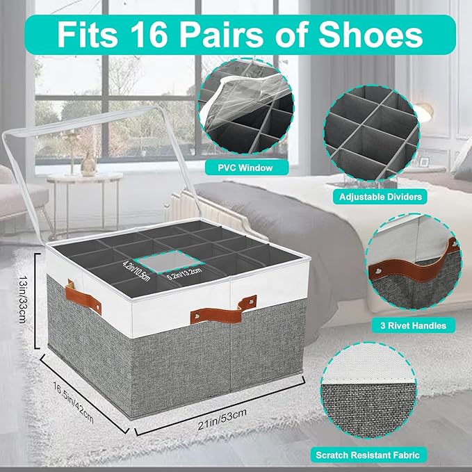 2 PACK Shoe Storage Organizer for Closet,Stackable Shoe Storage Box for Entryway,Cube Storage Cabinet,Organizador De Zapato,Folding House Container with Clear Cover,Holder Shoe Rack(Grey)