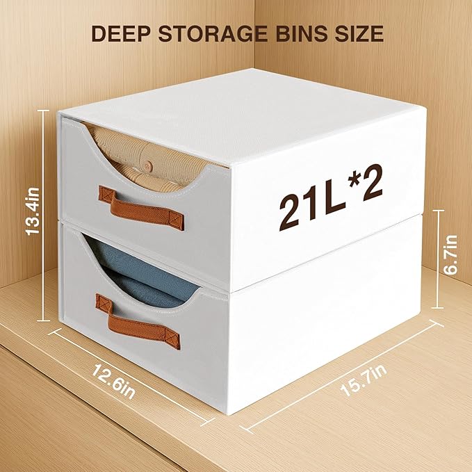 Stackable Storage Drawers - Large Collapsible Storage Bins with Drawers, 6 Pack Closet Shelf Organizer Basket, Fabric Pull Out Organizer for Bedroom, Living Room, Dorm, White