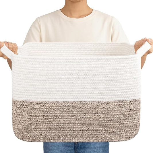 OIAHOMY Woven Storage Basket for Shelves, Rectangle Cotton Rope Baskets for Organizing, 16.5 x 13 x 10 in, Storage Bins for Dog Toys,Towel,Books,Gift,Brown and White