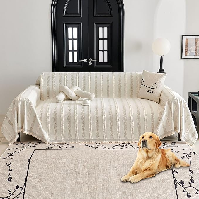 HAOMAIJIA Non Slip Couch Cover Sofa Covers for 3 Cushion Couch Washable sectional Couch Covers for Dogs pet Furniture Protector Couch Cover Blanket for Living Room (TM-Cream White, 71"x118")