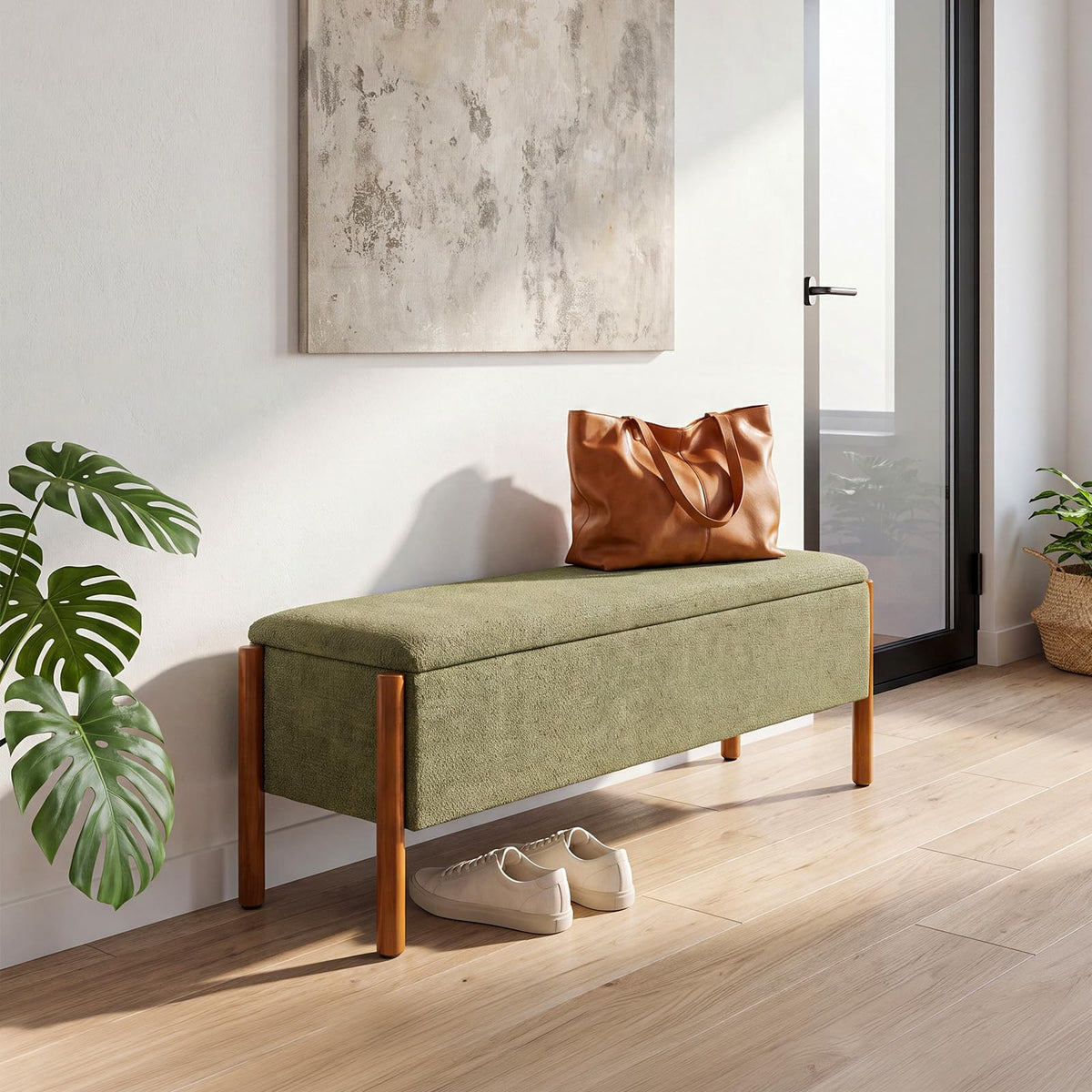 50" Shoe Bench with Storage, Chenille Shoe Rack Bench - Image 1