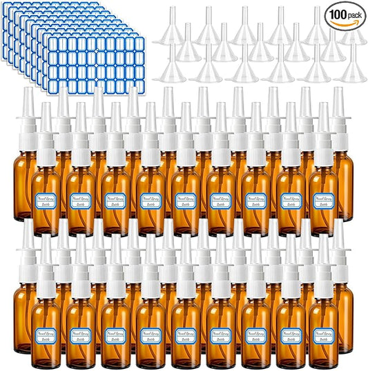 100 Pcs Nasal Spray Bottle, 1OZ/30ML Brown Empty Refillable Nasal Spray Bottles Glass with 20 Funnels and 20 Labels