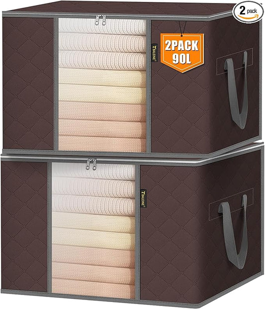 BALEINE 2 Pack Clothes Storage Bags, 24 Gallon Storage Containers with Reinforced Handle, Sturdy Zipper, Closet Organizer for Blanket, Comforter, Pillow, Bedding (Brown, 2 Pack)