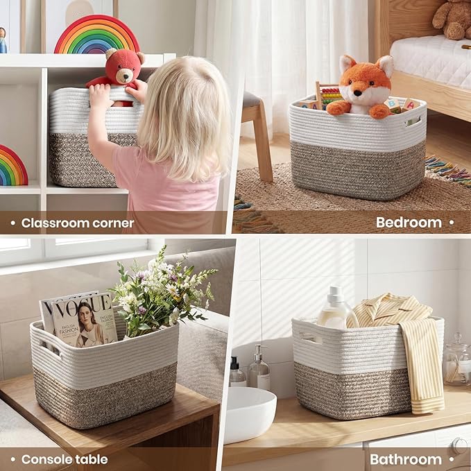 Storage Baskets for Organizing, 14 x 10 x 9” Closet Shelf Woven Baskets, Square Bins with Handles, Cotton Rope Basket for Toys, Clothes, Office, Room, White+Dark brown 1 Pack