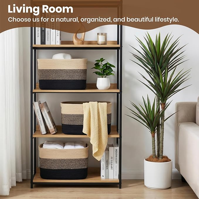 Storage Baskets for Organizing, 14 x 10 x 9” Closet Shelf Woven Baskets, Square Bins with Handles, Cotton Rope Basket for Toys, Clothes, Office, Room, Black+Brown 1Pack