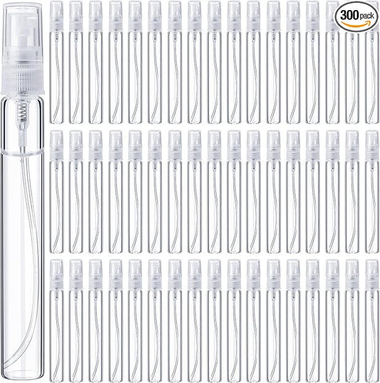 Tanlade 300 Pcs 10ml Mini Spray Bottles Refillable Clear Glass Travel Perfume Atomizer Mouthwash Bottle Cologne Small Sample Containers for Essential Oils, Retailers
