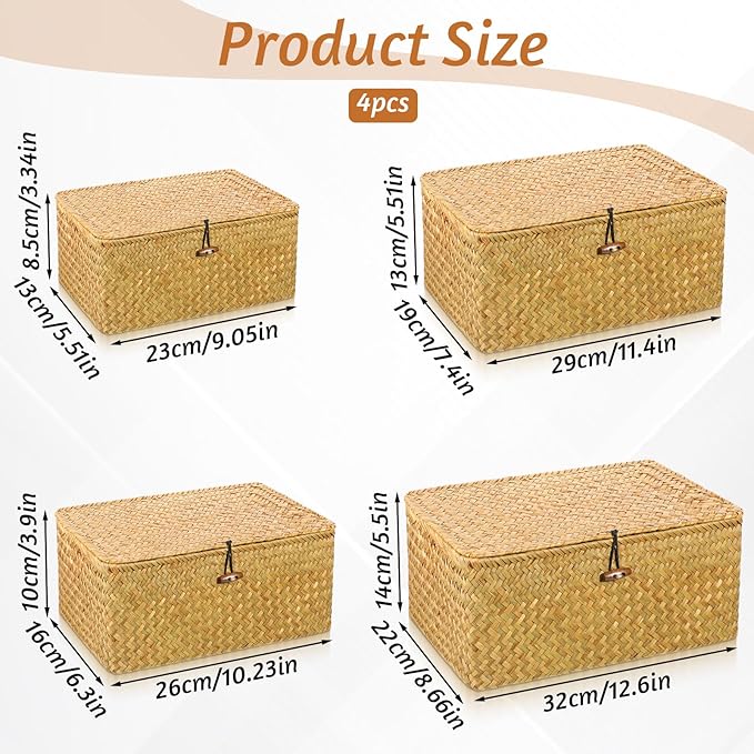 4 Set Wicker Storage Basket With Lid, 4 Size Handwoven Storage Bins Shelf Baskets Multipurpose Container for Home & Office Supplies