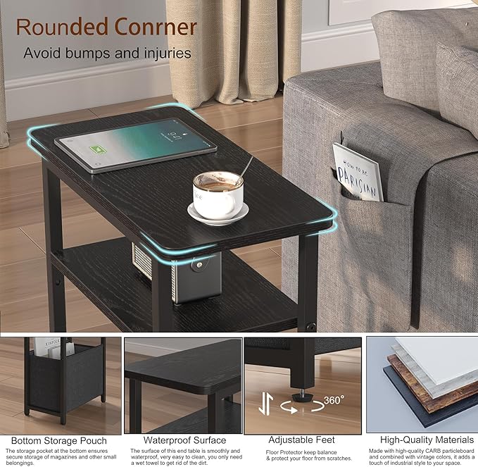 Narrow Side Table, Skinny End Tables with Fabric Basket, Small Side Tables for Small Space, 2-Tier Open Shelves with Basket, Slim Nightstands for Bedroom,Living Room,Office, Black