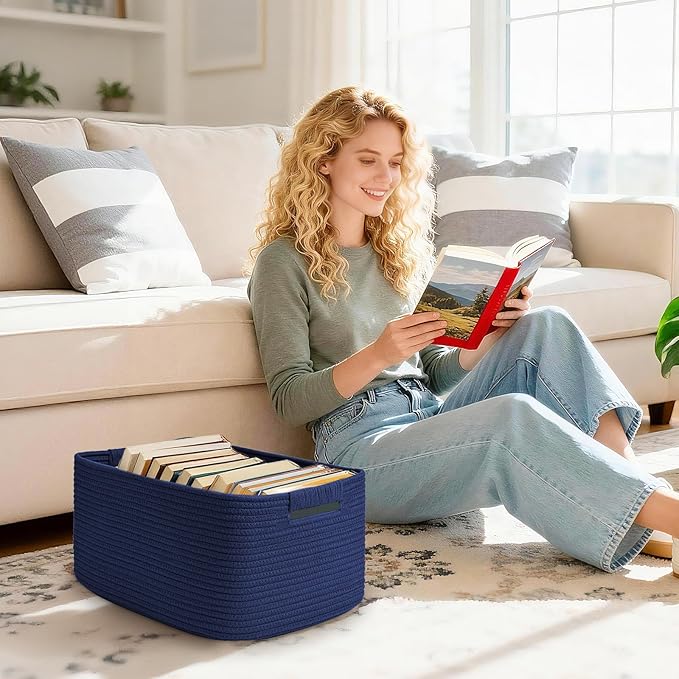 3 Pack Large Storage Basket for Organizing, 17.5"x13"x7" Woven Basket for Shelves, Closet Cube Storage Bins with Wrapped Handle, Cotton Rope Baskets for Kitchen, Clothes, Toys(Navy Blue)