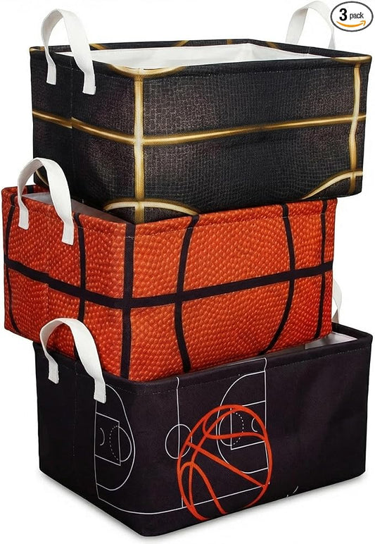 Basketball Shelf Basket, Kids Boys Ball Storage Basket Bins Box with Handles, Boys Sports Decor for Room Nursery 3 Pcs Set(Basketball)