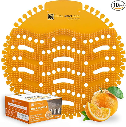 Urinal Screens Deodorizer -10 Pack of Premium Urinal Screen Cakes with Lemon & Orange Essential Oil Scents - Fits Wet & Dry Urinals - Splash Reducing Mats with Long Lasting Odor Freshener (Orange)