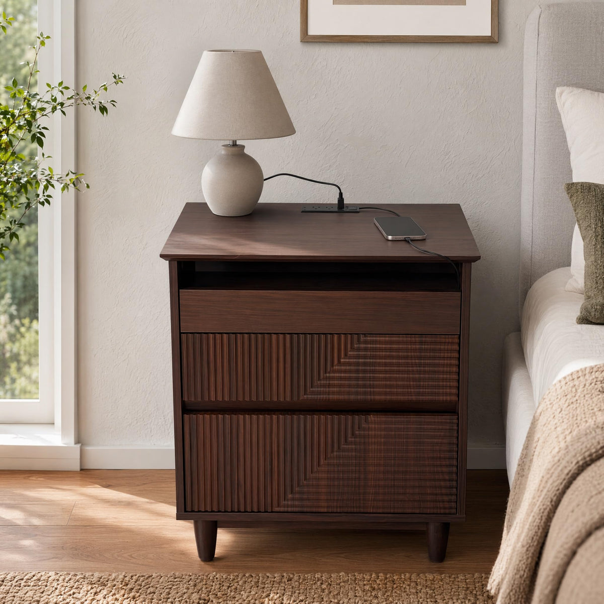 Nightstand with Charging Station, 3 Drawers Fluted Bedside Table - Image 1