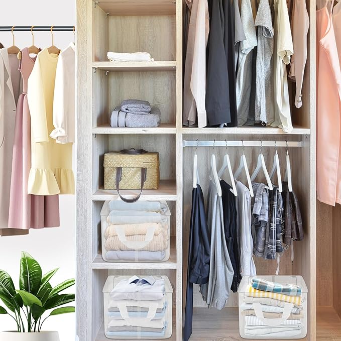 6 Pack Storage Baskets for Shelves, Closet Storage Bins Shelves Decorative Collapsible Baskets with Handles Clear Plastic Closet Organizers for Organizing Shelves Wardrobe Office Clothing Books