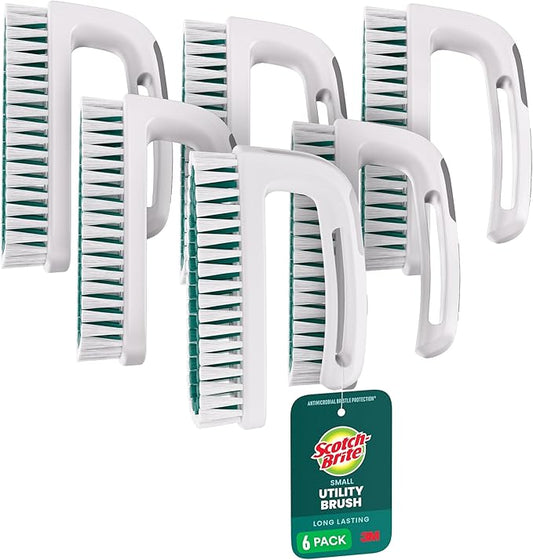 Scotch-Brite Small Utility Brush, Long Lasting Dish Brush with Handle for Scrubbing Cookware, Hands, Tile, Grout, Cutting Boards, and Utensils without Scratching, Antimicrobial, and Rinses Clean
