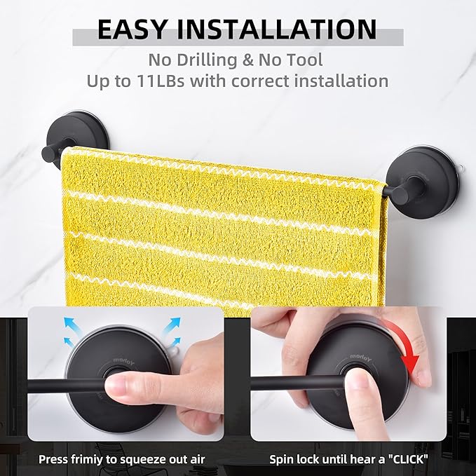 YOHOM Suction Cup Towel Bar for Shower 17 Inch Stainless Steel Bathroom Towel Rack Suction Washcloth Holder Vacuum Hand Towel Bar for Glass Shower Door Removable Towel (17inch-Black)